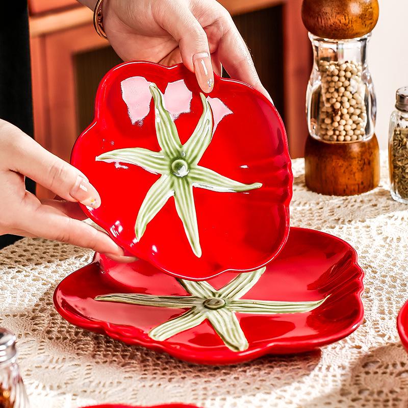 Tomato Ceramic Tableware: Tomato-Shaped Dinner Plates, Heart-Shaped Dessert Bowls, Festive Fruit Plate, Red Storage Jar.