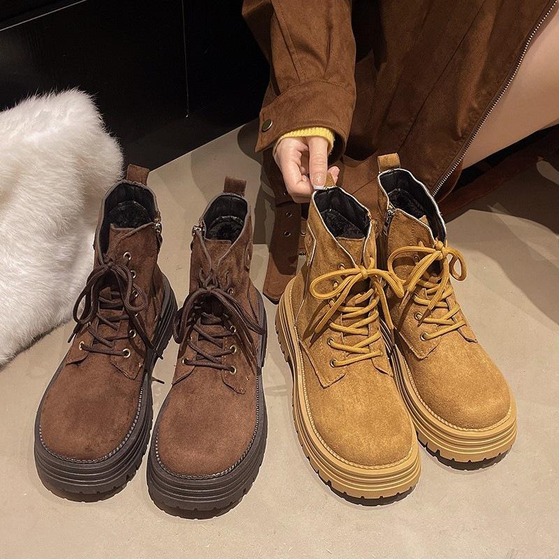 Autumn and winter suede flat Martin boots new British style big head lace-up retro locomotive short boots