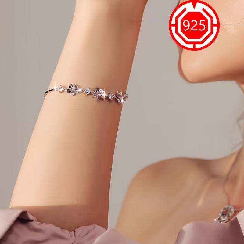 Exquisite 925 sterling silver cherry blossom bracelet with natural gemstone floral design
