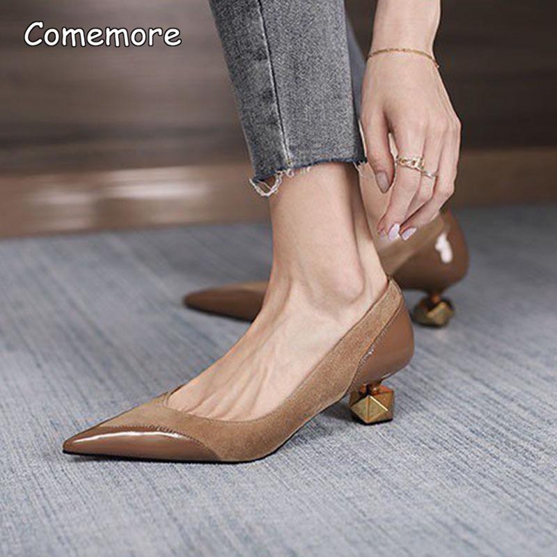 Fashion Comemore Shallow Mouth Fashion Women's Shoe Summer 2025 New Classic Pointed Thick Heel Female Pumps Retro Ladies Heeled Shoes 39