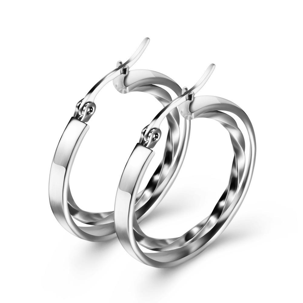 European American Trendy 28MM Round Hollow Double Layer Gold Inlay Stainless Steel Earrings for Women