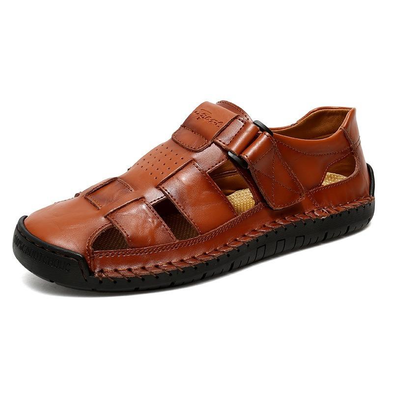 Men's Summer Genuine Leather Stitched Beach Sandals – Outdoor Casual Open Toe Sandals with Non-Slip Sole, Trendy Lightweight Walking Shoes
