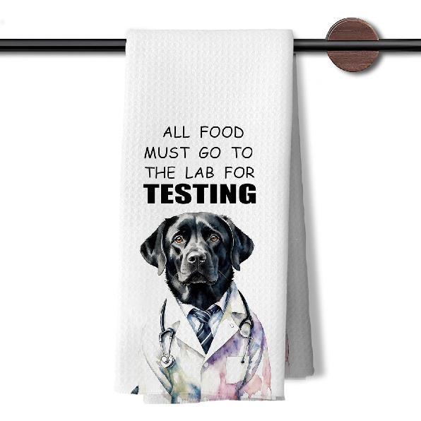 Funny Black Labrador Retriever Kitchen Dish Towels, Black Lab Gifts, All Food Must Go to The Lab for Testing Decorative Hand Tea Towels for Kitchen White6
