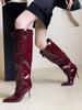 European and American style hot girls wear thin legs patent leather high boots, pointed toes are absolutely unique, high heels and thin heels, but kne