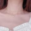 Gold Heart Pendant Necklace with Double Layer Sparkling Zirconia, Korean-Japanese Design, Elegant Clavicle Chain for Women
