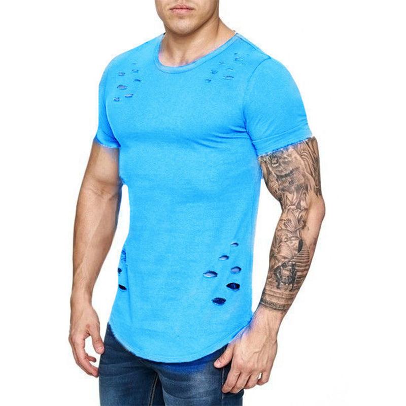 DC-HOME-3 Zomer T-shirt Heren Mode Gat Distressed Fitness T-shirt Korte Mouw Effen Slim Fit Hip Hop T-shirt Yasheng 2XL blauw