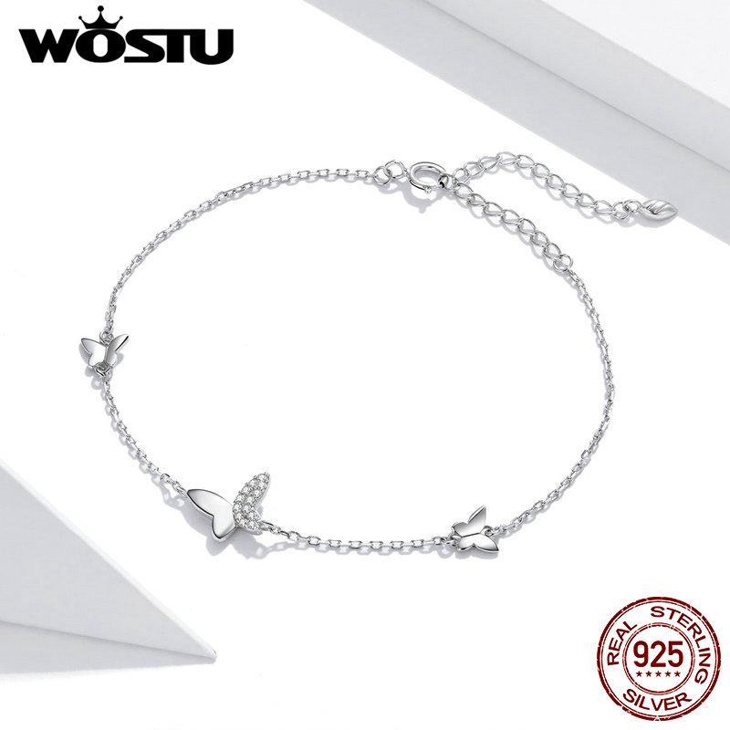 WOSTU Nueva Llegada Pulsera Original de Mariposa de Plata 925 Cadena de Eslabones Ajustable Brillante de Circonita Para Joyería de Mujer CQB197