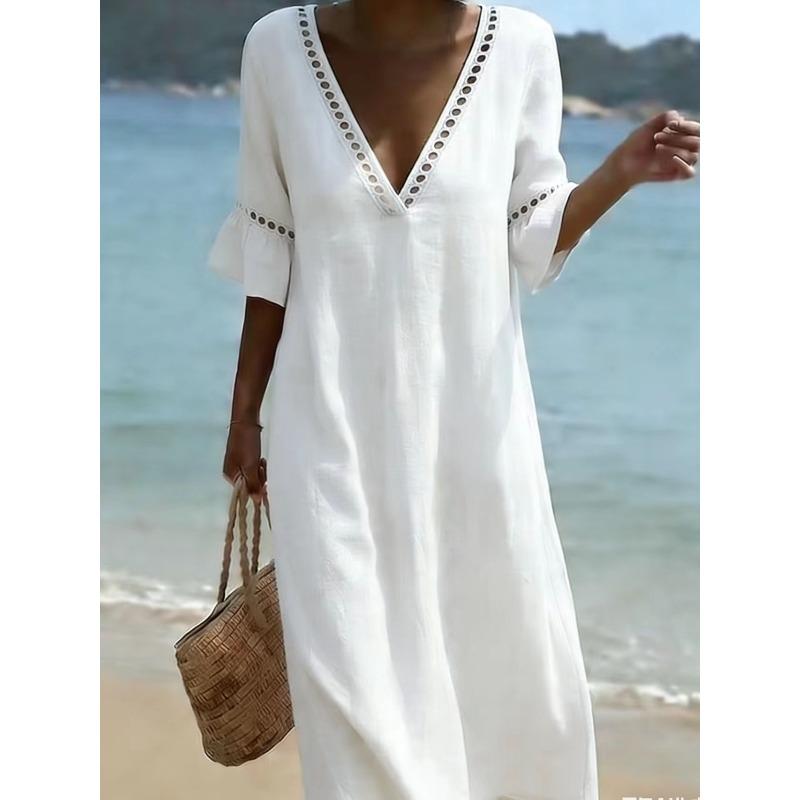 Summer V Neck Half Sleeve Loose Beach Holiday Dress Women Fashion Lace Patchwork Solid Color Party Dresses Women Midi Dress