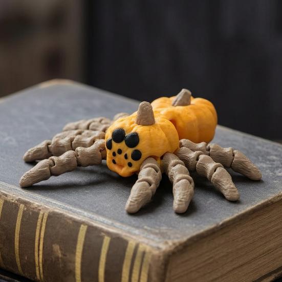 Desktop Halloween Decoration 3D Printed Spider Pumpkin Figurine with Movable Joints, Creative Stress Flexible Limb Relief Fidget Toy, Articulated