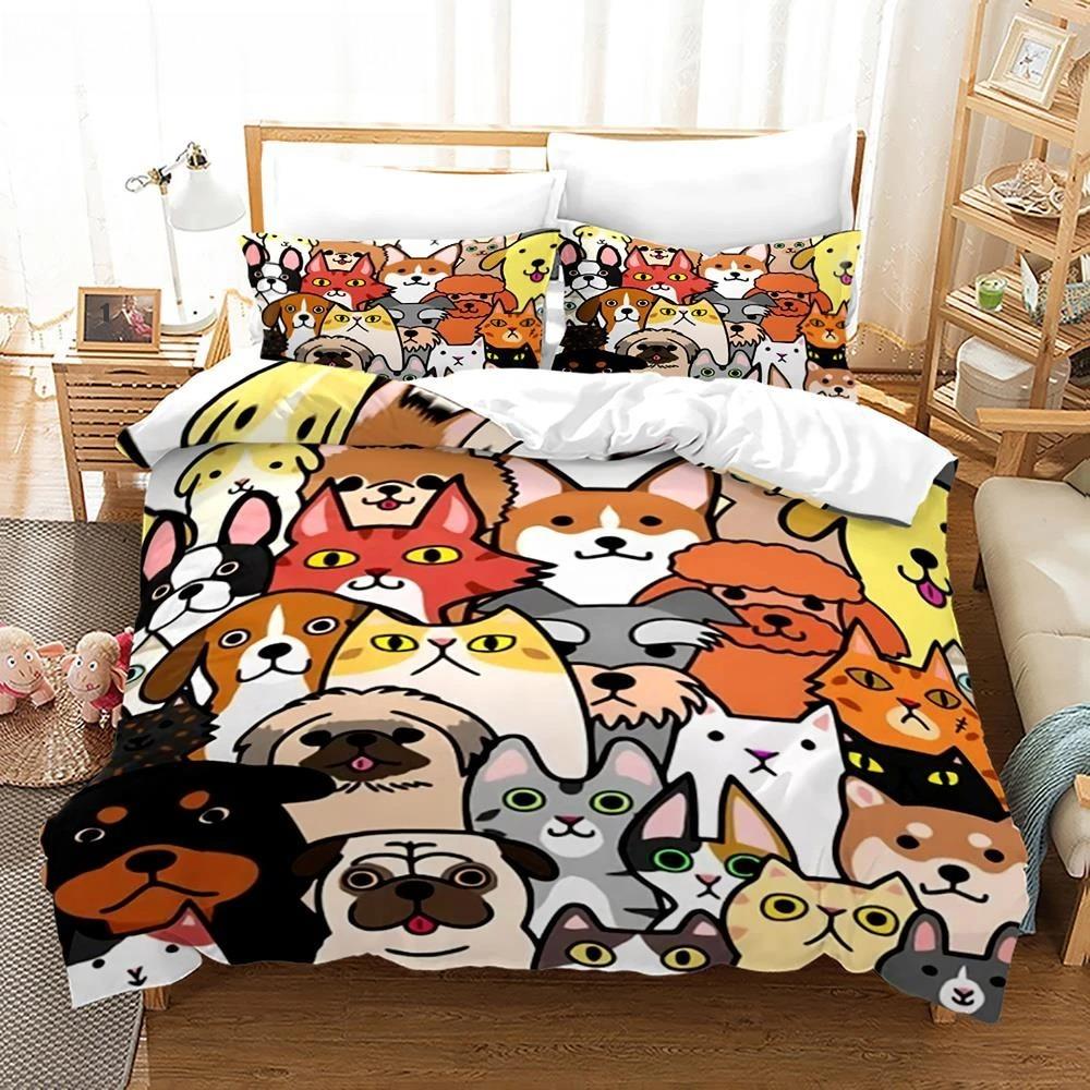 Cartoon Dog King Queen Duvet Cover Lovely Illustrated Pet Puppy Bedding Set Animal Quilt Cover 2/3pcs Polyester Comforter Cover