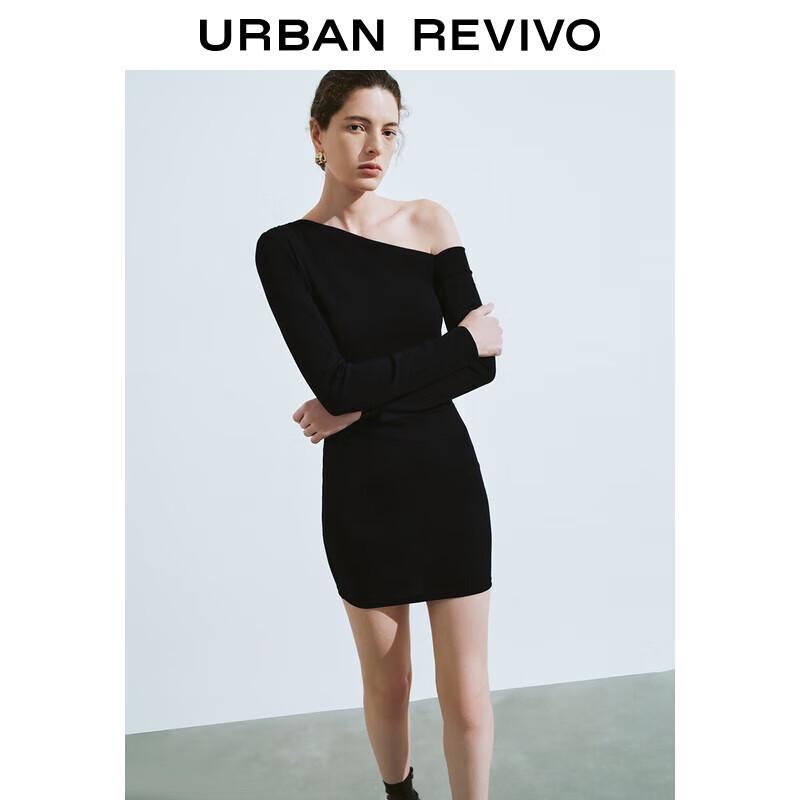 

UR 2025 Spring Oblique Shoulder Pleated Slim Long-Sleeve Dress L