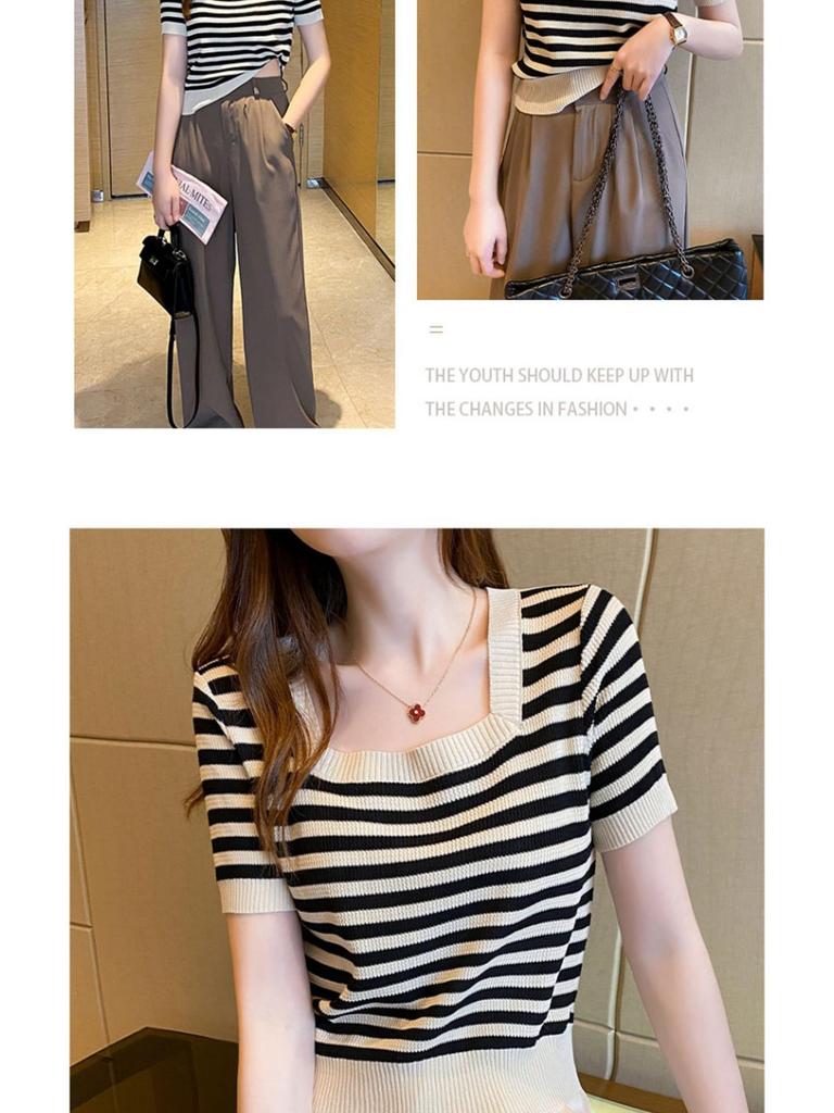 2025 Summer Women's Slim Fit Short Sleeve Striped Ice Silk Knit Top with Square Neck