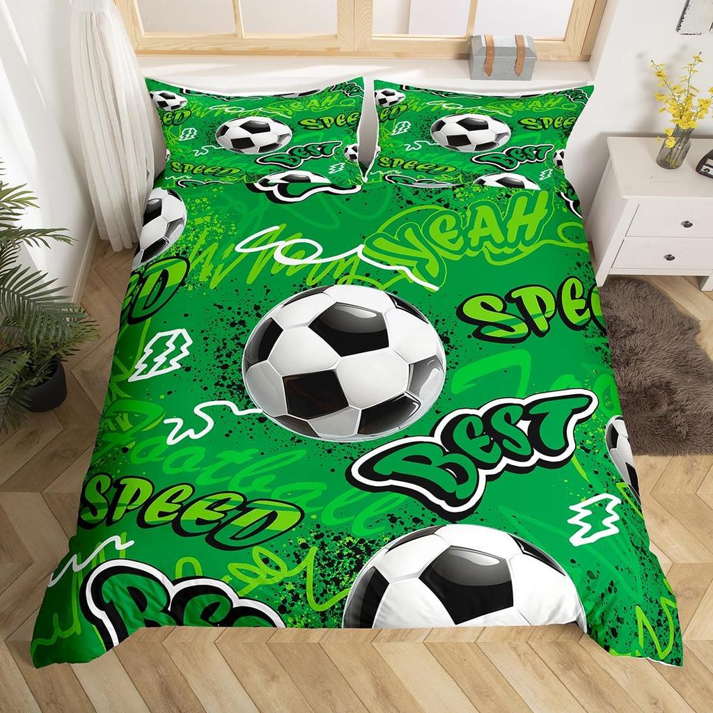 Cartoon Soccer Duvet Cover Set Printed Football Bedding Sets For Kids Boys Girls Bedroom Decor Sports Theme Comforter Cover Set