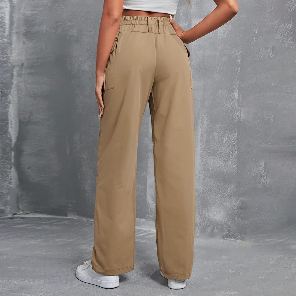Ladies' Fashionable Solid Color Straight Leg Pants With High Waist Pockets Casual Pants