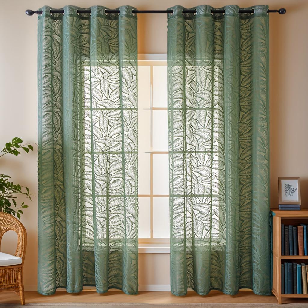 1 Panel French Country Green Leaf Print Semi-Sheer Gauze Curtain with Grommet Top Curtains For Living Room, Curtains For Bedroom, Sheer Curtains