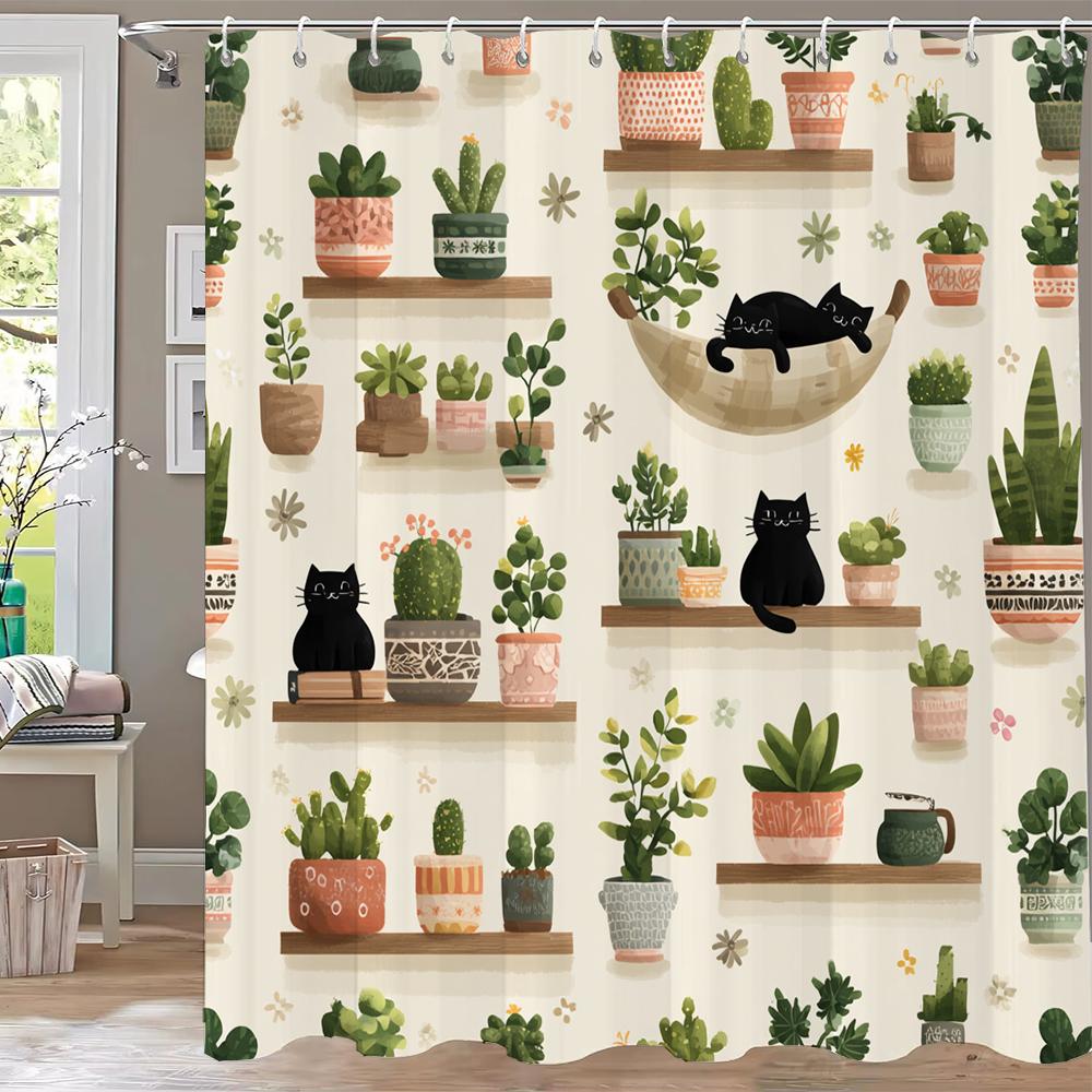 Modern Plant and Cartoon Cute Cat Shower Curtain, Bathroom Decorative Shower Curtain, Printed Polyester Home Curtain with Hooks