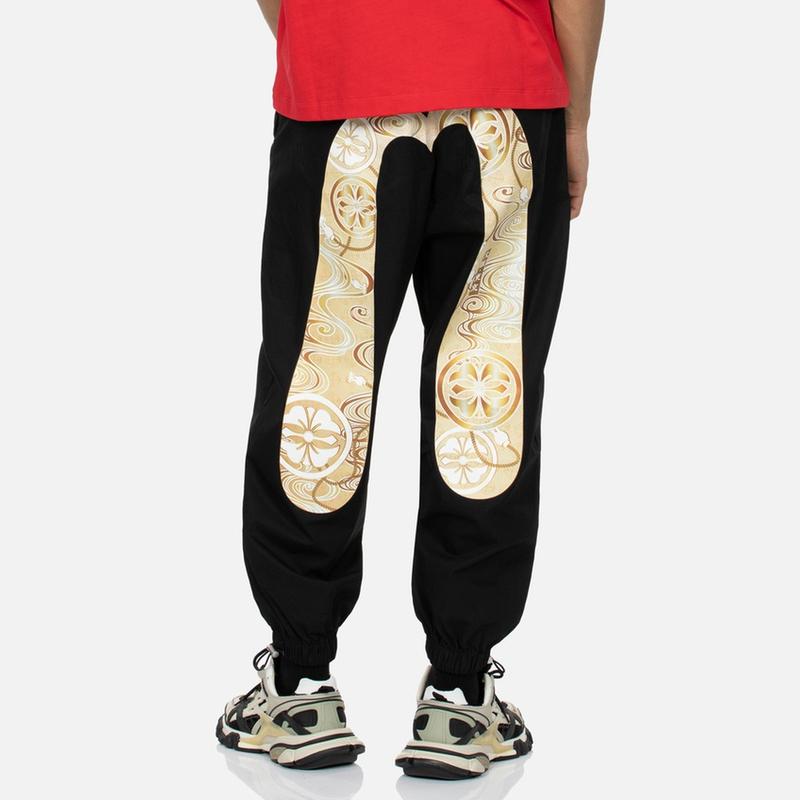 Evisu Family God Pattern Large M Print And Seagull Embroidery Casual Pants Men pants Black 2ESHTM4PO7043LFCT