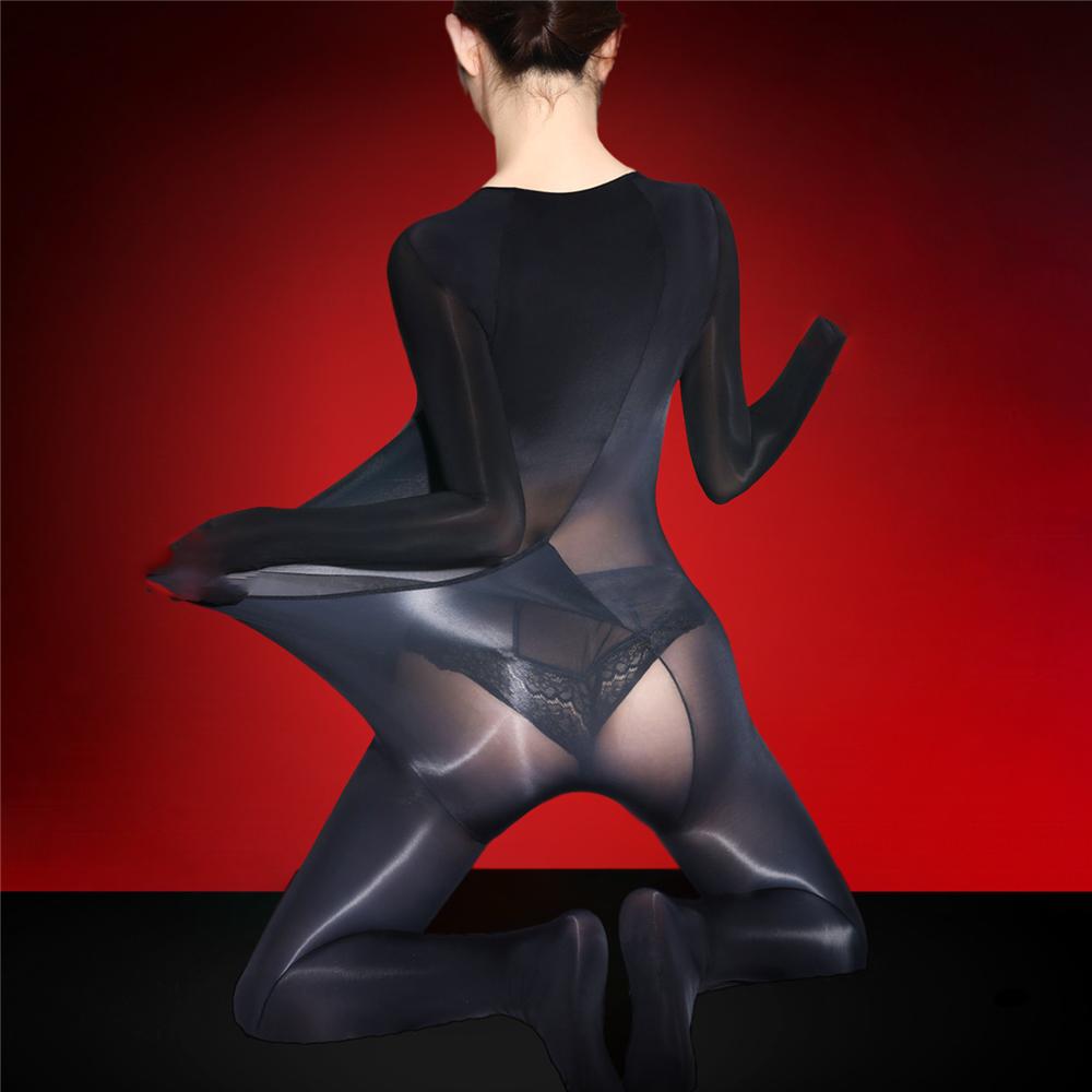 Sexy Women Cosplay Maid Tights Oil Glossy Shiny Bodysuit 5D Thin Silky Jumpsuit Back Put On Shaping Leotard Candy Color