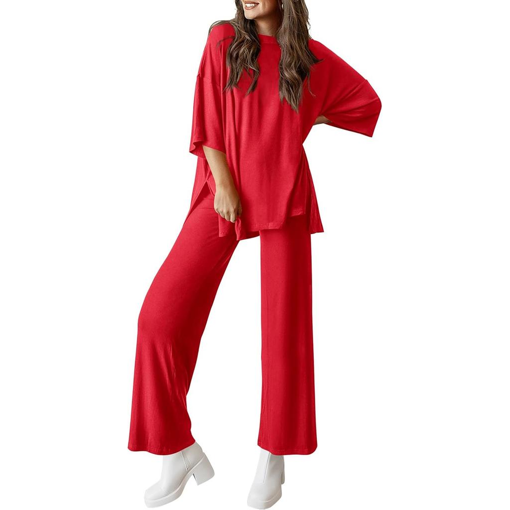 Women's Loose-Fitting Fashion Solid Color Split Round Neck Short Sleeve Long Pants Two-Piece Set