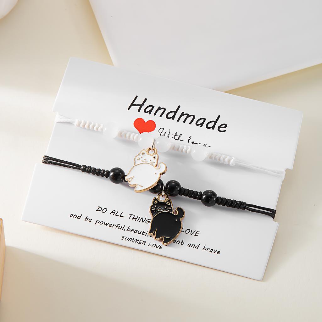 Cute Black White Cat Couple Bracelet for Women Men Handmade Braided Rope Adjustable Matching Bracelets Friendship Jewelry Gift