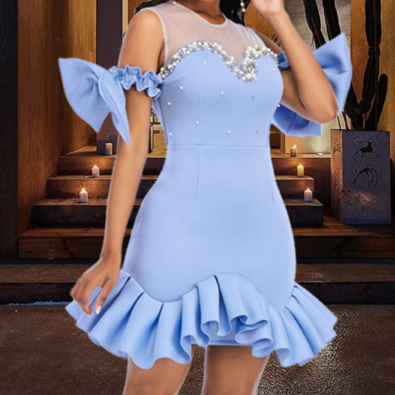 Elegante abito da sera in rete con fiocco in pietra con strass Abito da donna blu chic a maniche corte alla moda Abiti spaccati Abito da donna a vita alta con tromba di base 2024