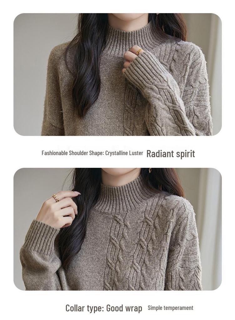 Damen Jacquard Wollpullover mit hohem Kragen, Gold- und Silberfaden - Verdickt, Lockere Passform für Herbst und Winter