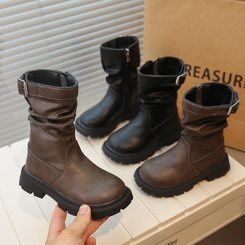 Girls Thick Heel Mid Calf Boots Fleece Lined Retro Stacked Boots