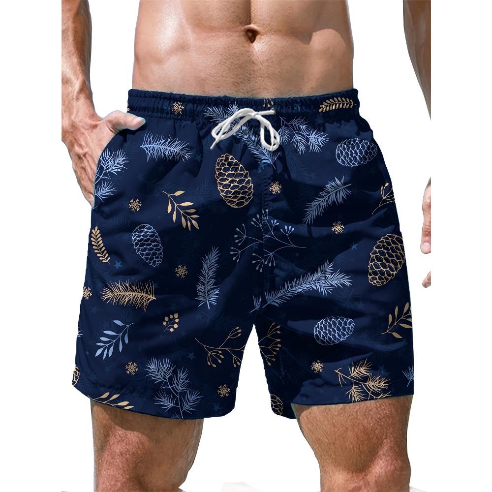 Men's Navy Pine Cone Pine Branch Print Beach Shorts Drawstring Waist Quick Dry Casual Swim Trunks 2026