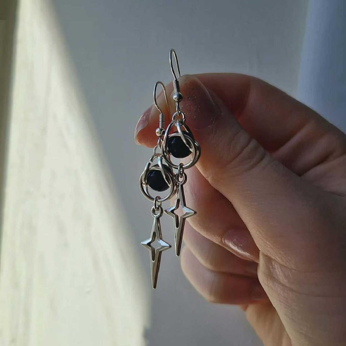 

Gothic Star Earrings, Dangle Earrings, Black Beaded Jewelry, Sparkle Cage Pendant, Celestial Earrings
