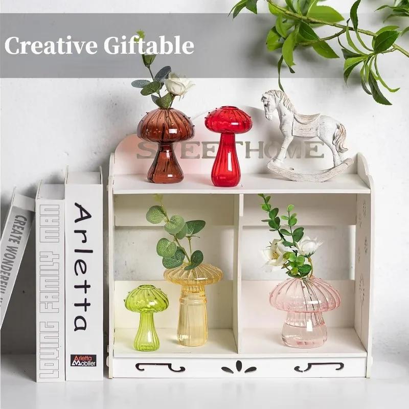 5Pcs Glass Mushroom Flower Vase Cute Colored Glass Vase Unique Bud Small Vase Flowers, Aesthetic Decorative Vases for Home Decor