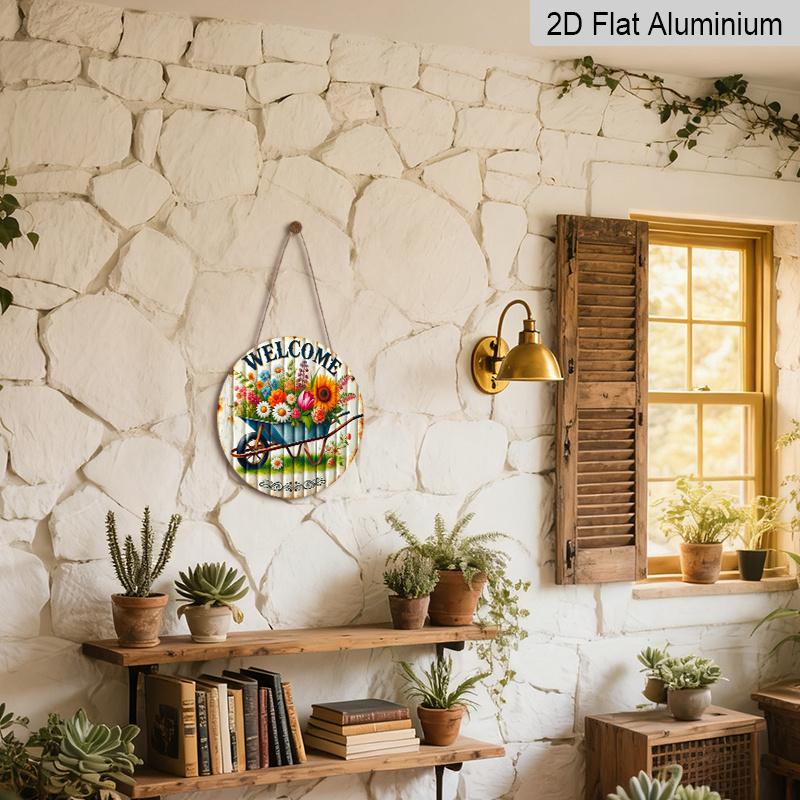 2D Flat 1pc, 8x8 in, Rustic Garden Welcome Sign with Vintage Unicycle & Colorful Flowers - Durable Aluminum Metal Wall Art for Outdoor Patio, Garage
