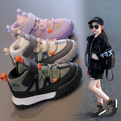 Children's Shoes Plus Velvet Warm Sports Shoes Autumn and Winter Leather Velcro Waterproof Running Shoes