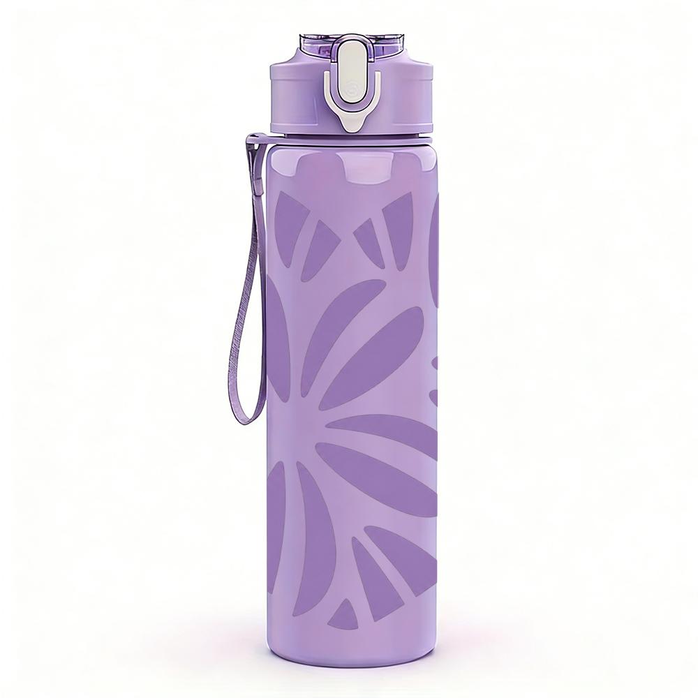 1PC Purple Floral Heart 750ml Color Plastic Sports Water Bottle Leakproof Flip Straw Lid Suitable for Sports Office Home Use