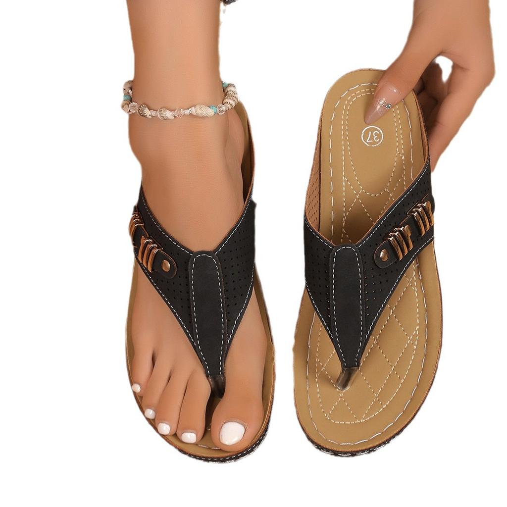 European and American foreign trade new thick-soled toe hollow slippers women's slope heel flip-flops sewing line beach large size cool slippers