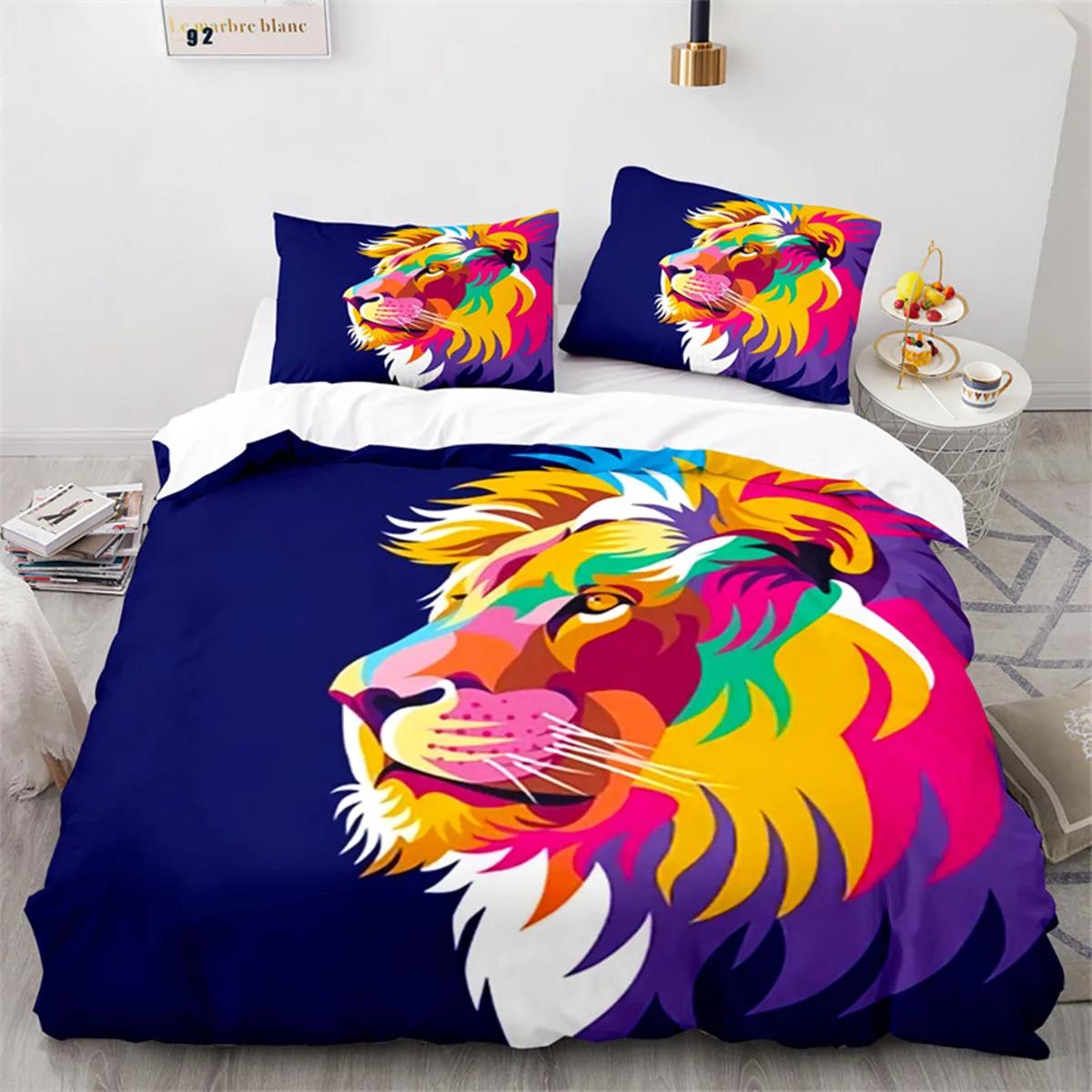 

Fierce Colorful Lion Leopard plus Tiger Head 3D Lion Soft Duvet Cover Microfiber Wild Animals Theme for Ten Young Boys Young Man Rom Decor 120*200cm Single