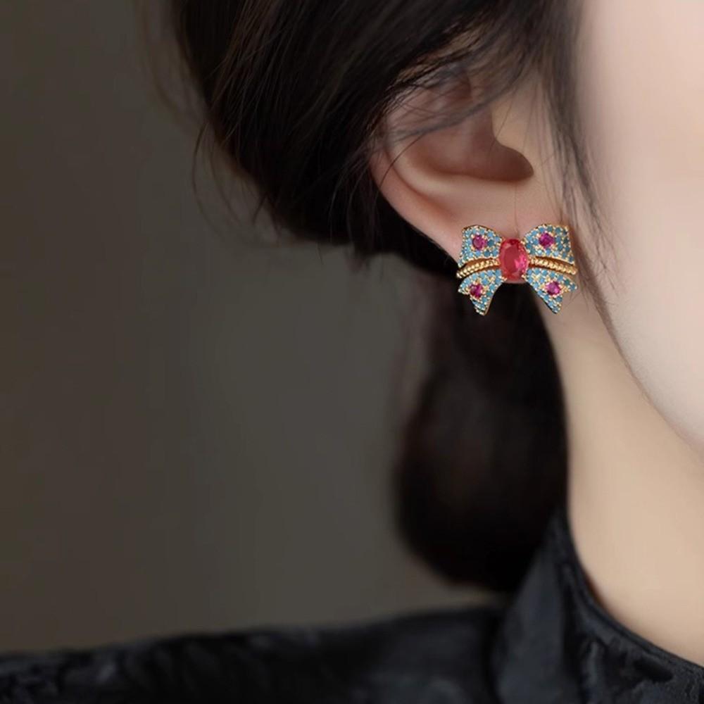 Zircon Korean Style Stud Earrings Blue Pink Bowknot Ear Studs Crystal Bow Earrings  Party