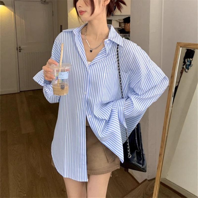 

Green Striped Shirt Women s Spring and Summer Korean Style Loose Thin Outer Sun Protection Cardigan Long-sleeved Shirt Top XXL синій