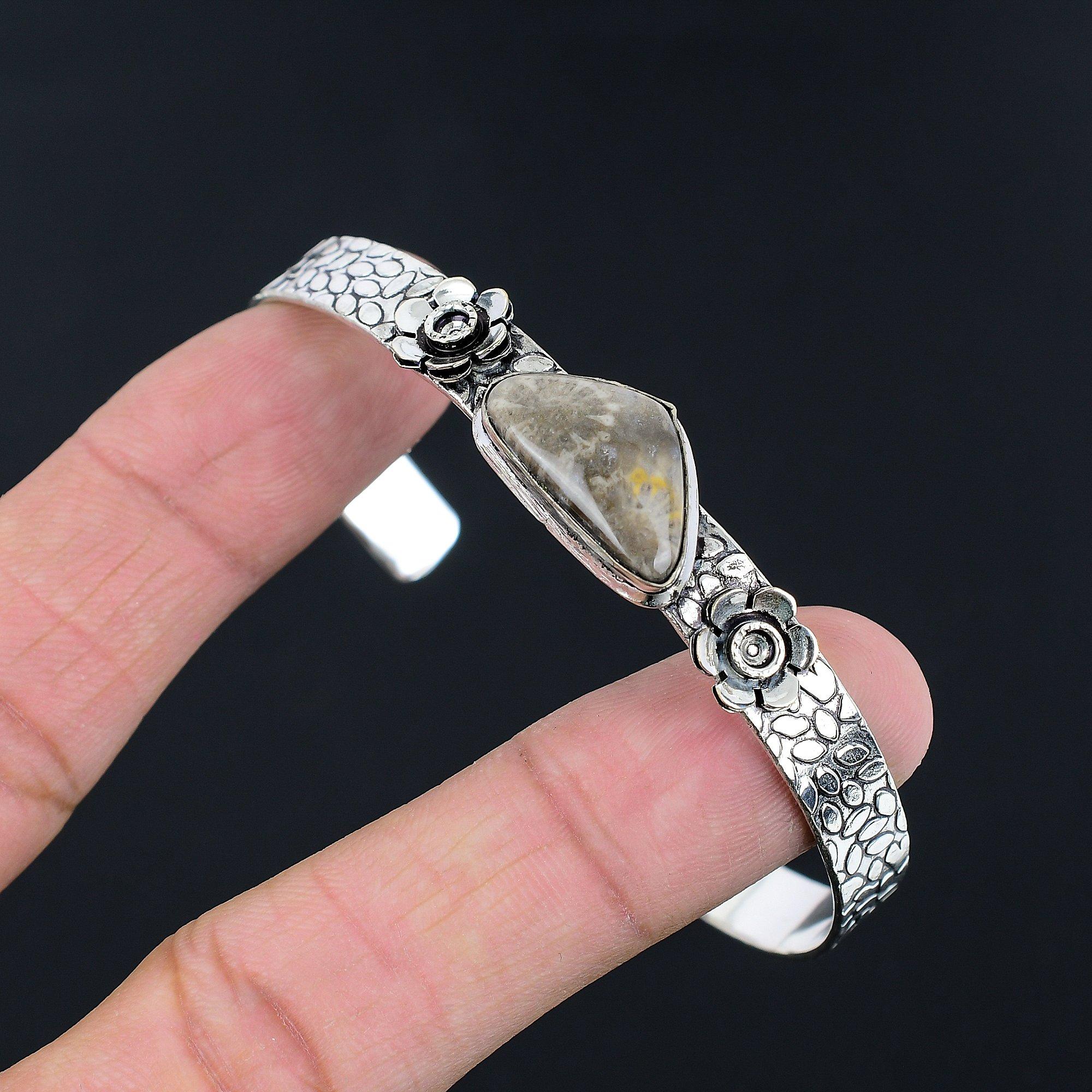 

Trillion Fossil Coral Gemstone 925 Silver Handmade Daughter Engagement Bangle Adjustable