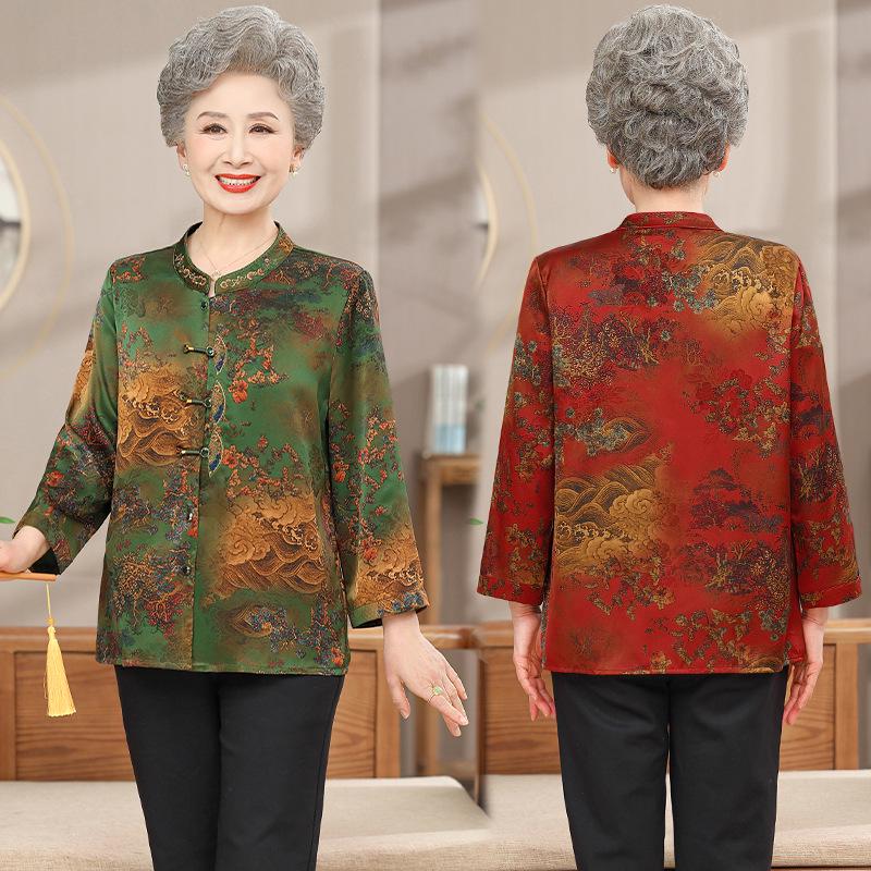 Babiččina letní košile ve stylu Tang pro ženy - Stojáček, módní top pro maminky středního věku a starší