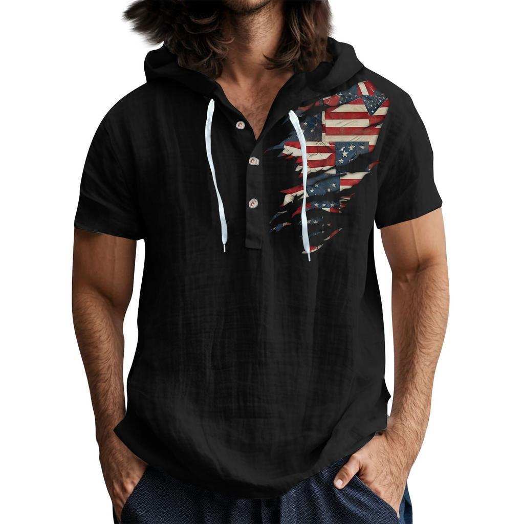 Men'S Casual Short Sleeved Hooded Top Buttoned Open Neck T-Shirt