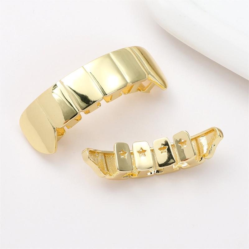 Connected Upper and Lower Tooth Grill Set, Mirror Finish Plated Metal Mouth Jewelry for Party and Stage Styling