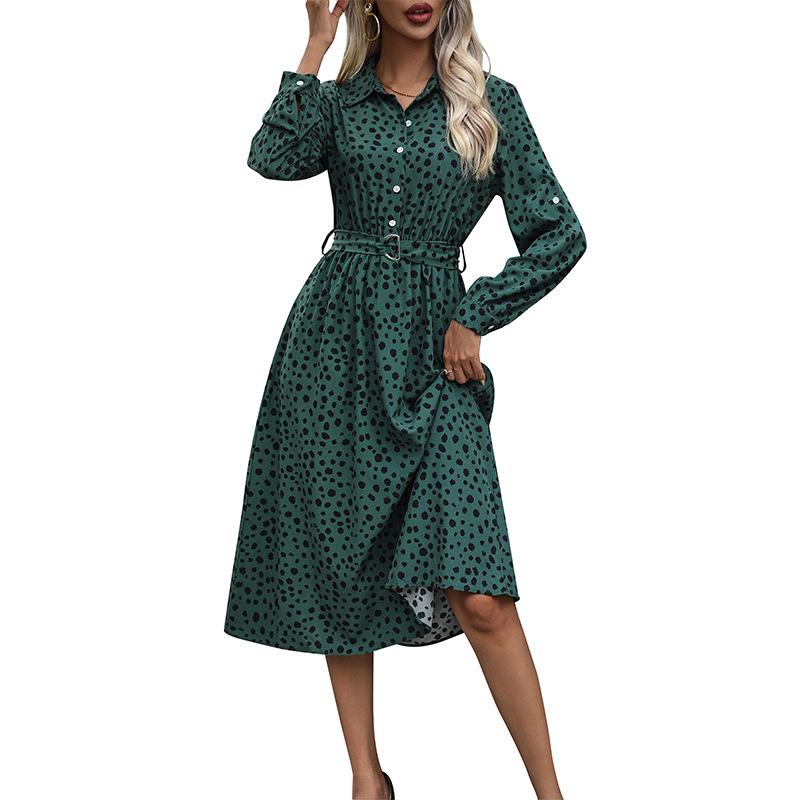 Autumn Women's Dress Rollable Long Sleeve Lapel Leopard Print Dress