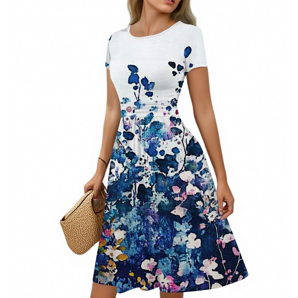 Women's Casual Fashion Round Neck Pleated Short Sleeve Retro Floral A-Line Midi Dress