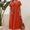 Plus Size Womens Solid Color Round Neck Short Sleeve Pleated Dress With Pocket Casual Outfit