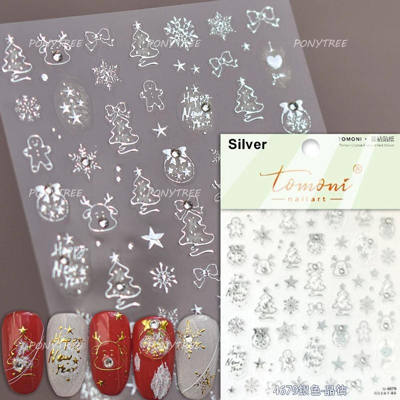 Gold Stamped Snowflake Stars White Christmas Tree Red Bowknot Cute 3D Nail Art Stickers Xmas Lovely Manicure Decals