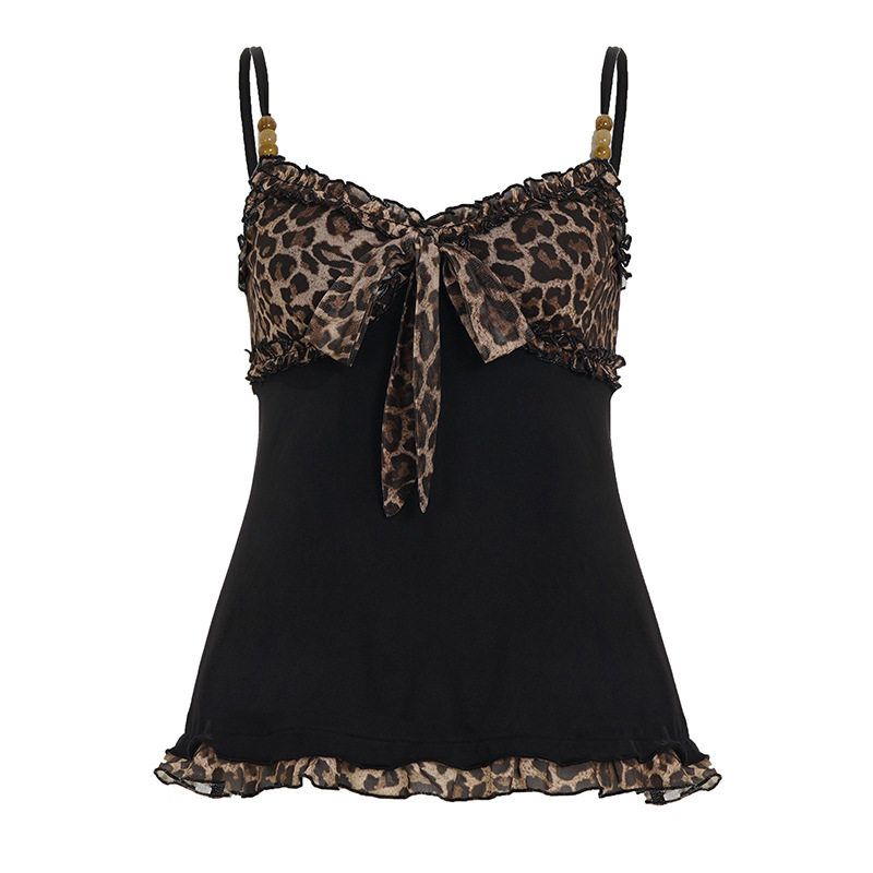 European and American Sexy Hot Girl Style Leopard Print Color-Blocking A-Line Tank Top, Pure Desire Style, Slim Fit, Lace-Up Lace Camisole Top Black S