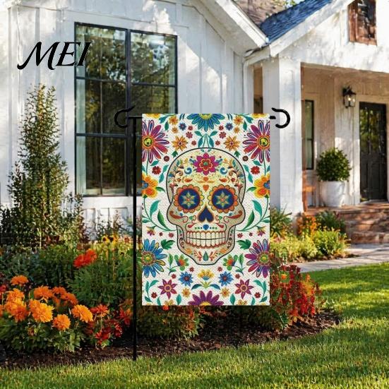 Decorative Burlap Lawn Banners Day of The Dead Garden Flag, 12x18 Inch Floral Skull Yard Festive Ornament Flags Mexican Gothic Skeleton Flowers