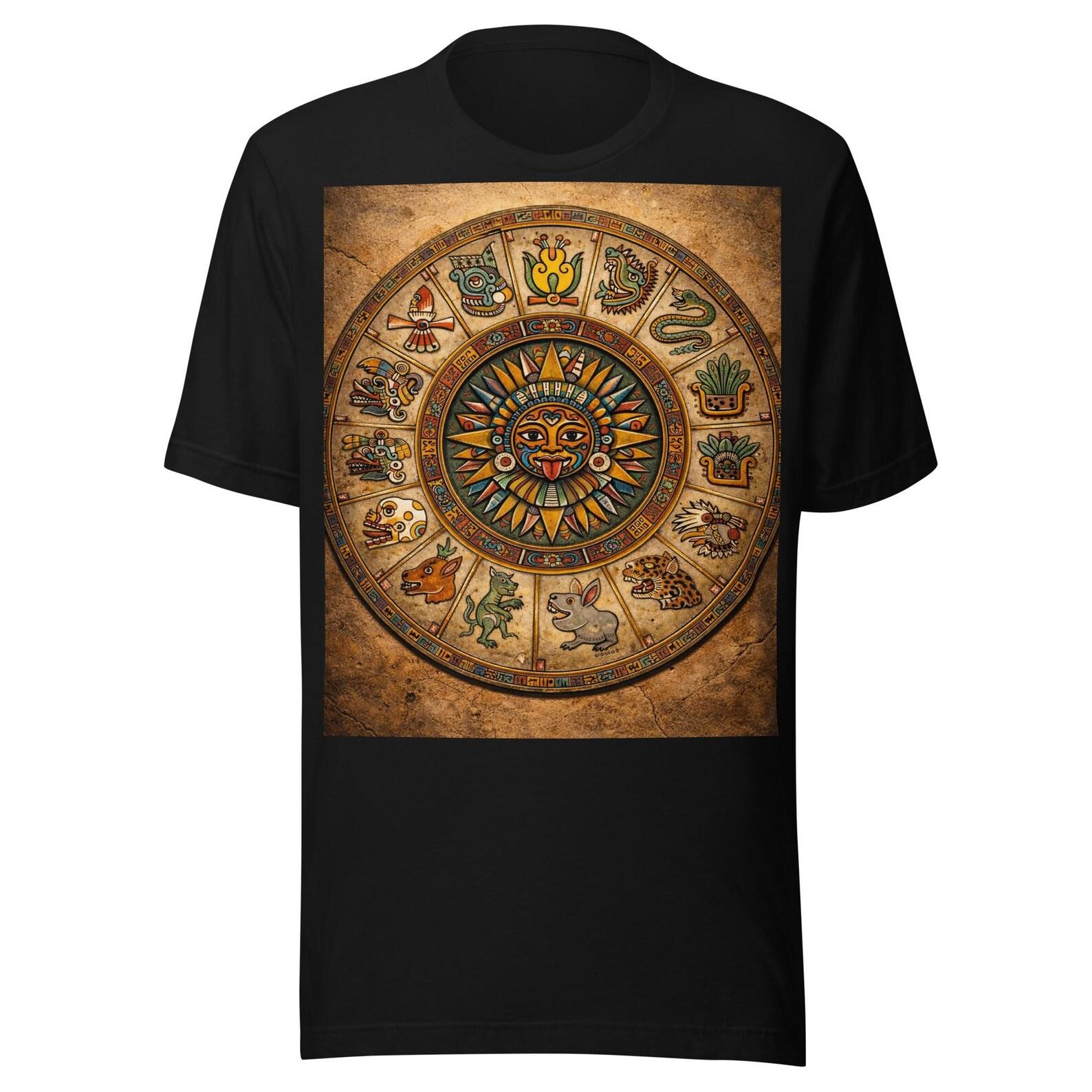 Aztec Sun Stone Art T-Shirt – Ancient Mesoamerican Cultural Illustration 2XL