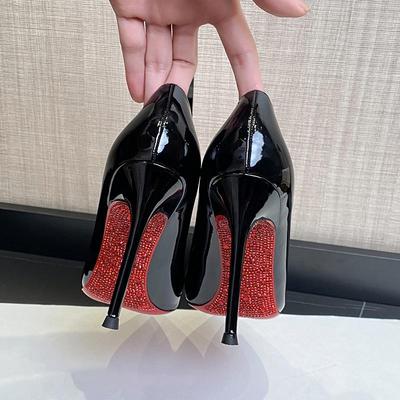 2025 Rhinestone Stiletto High Heels: Sexy Black Patent Leather with Pointed Toe & Side Cutouts - Perfect Wedding Shoes