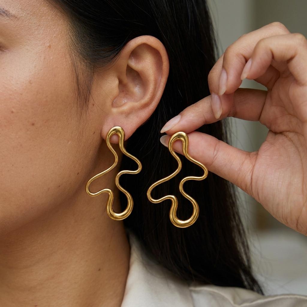 Minimalist Ins Style Geometric Line Dangle Earrings for Women Abstract Wave Gold Color Stainless Steel Daily Wear Jewelry Gift